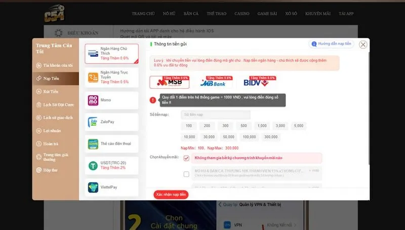 nạp tiền bằng internet banking